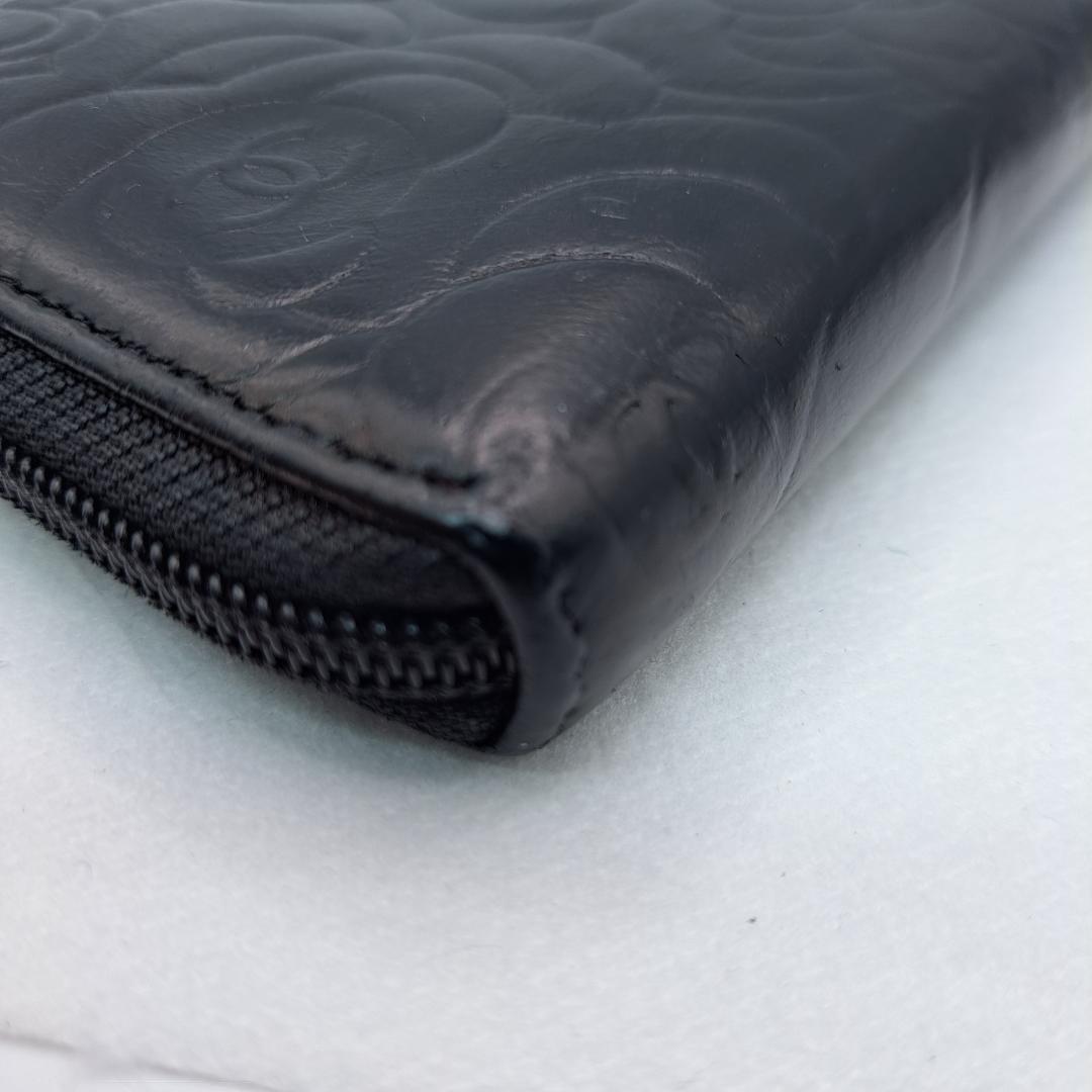 CHANEL　カメリア　ラウンドジップ　ブラック 長財布　ラムスキン