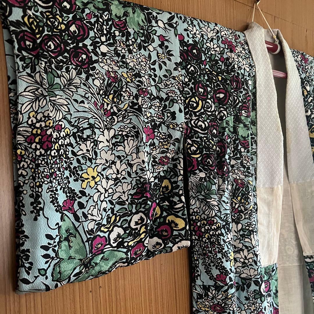 5905◆アンティーク長襦袢水色アールヌーボー薔薇と蝶々おしゃれ洋風modern