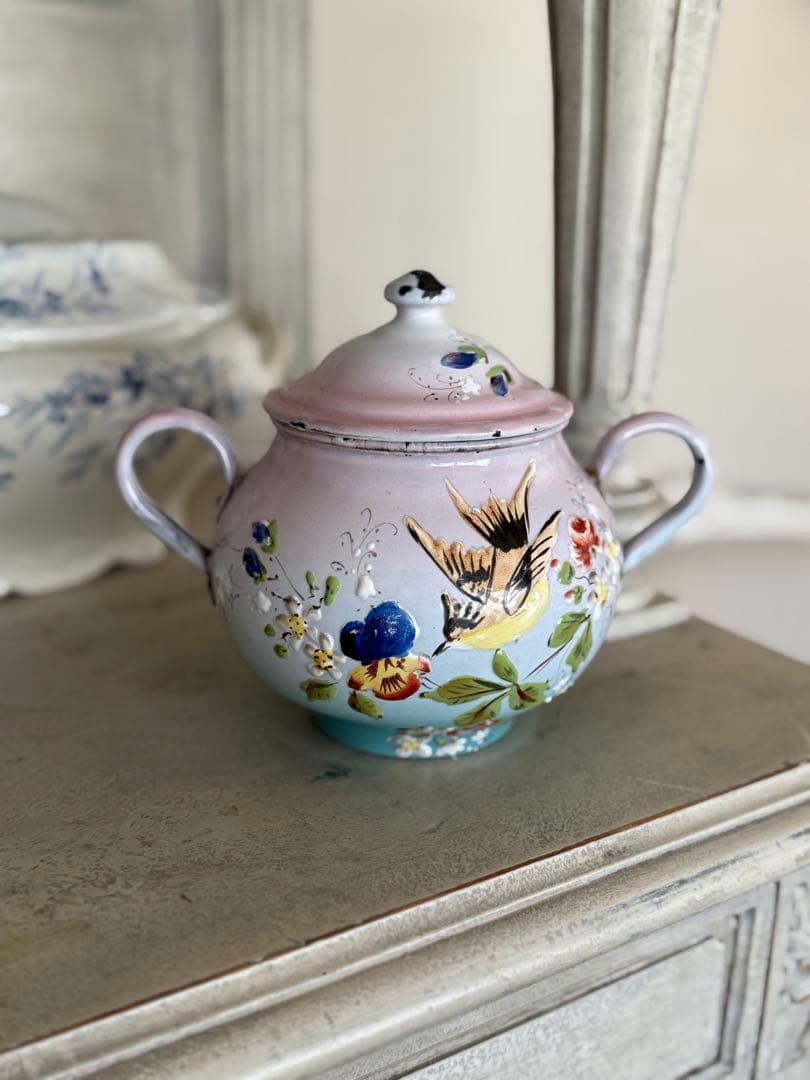 フランスアンティークホーロージャピー社花と小鳥のハンドペイントシュガーポット
