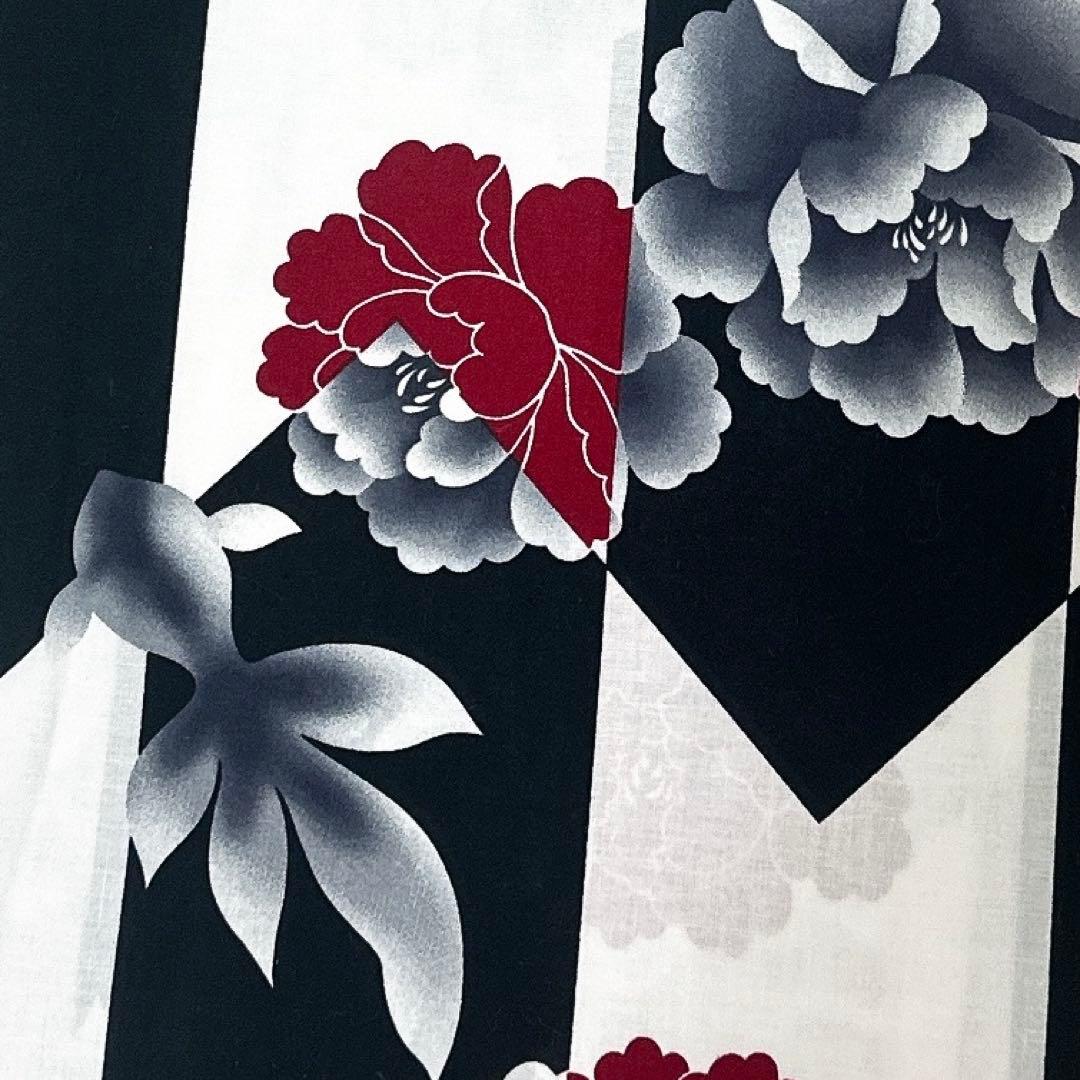 SALE 浴衣ジェンヌ 浴衣5点セット 黒×白 矢絣 矢羽 半幅帯 下駄 赤