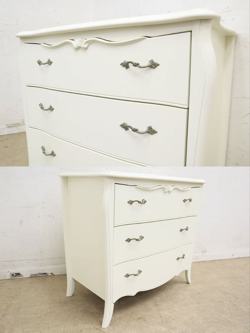 IDC大塚・東海家具【リモージュ】3段チェスト・ロココ・白家具・収納