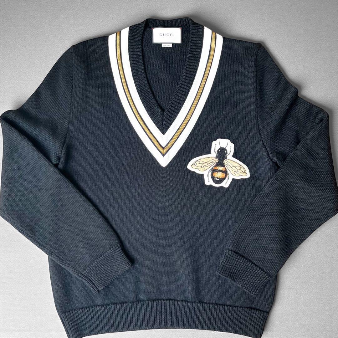 美品 グッチ ビー アップリケ Vネック セーター 蜂 ニット トップス