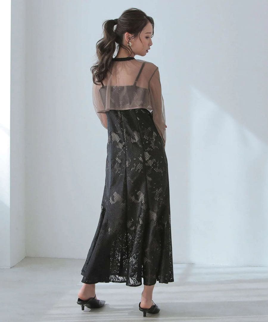 3wayシフォンボレロ&レースキャミドレス　ブラックブラウン　Ssize 華やか