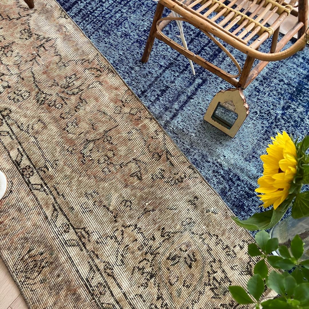 ペールベージュピンク58×189フラワーライン　ランナー　トルコヴィンテージラグ