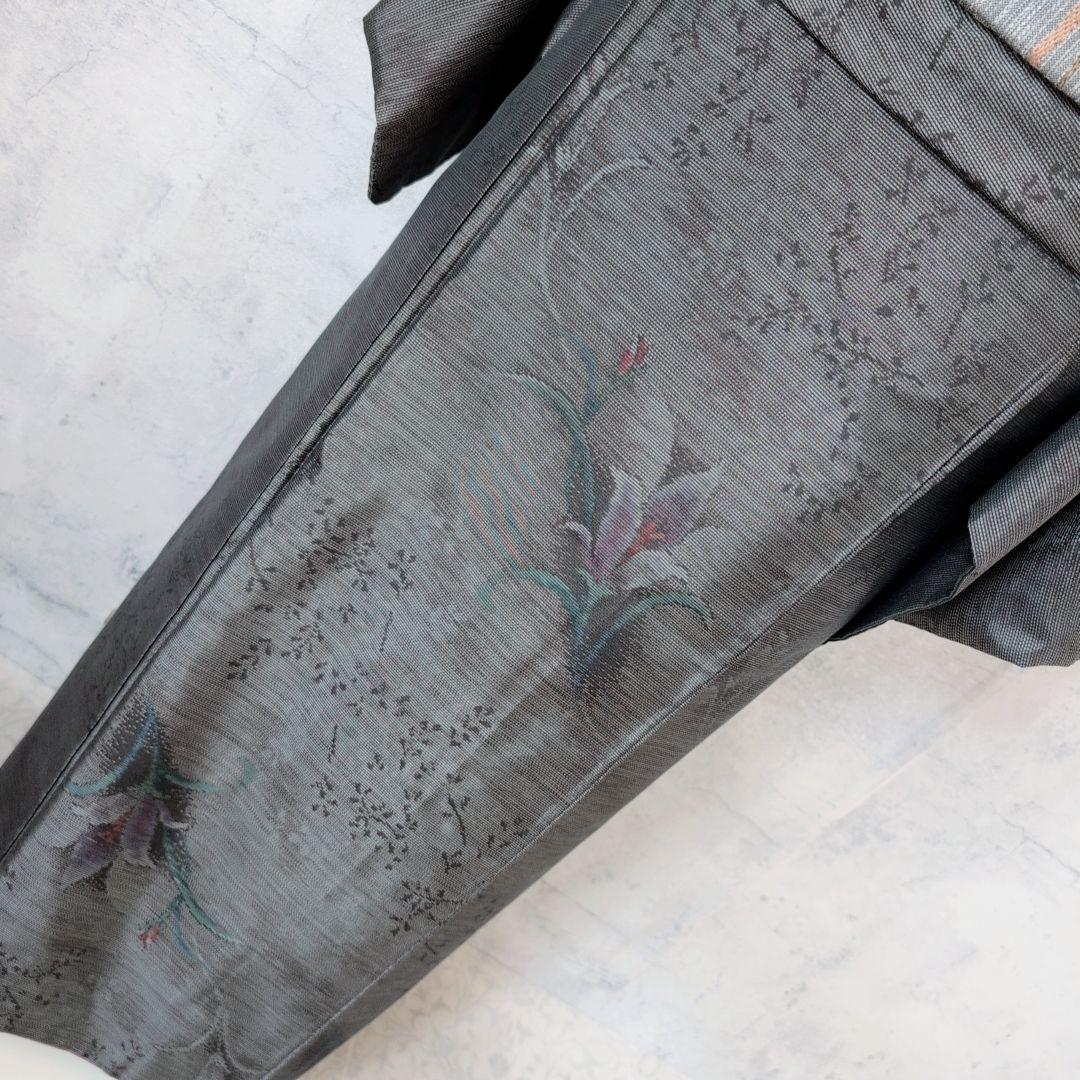 大島紬　紬　フルセット　小紋　着物　正絹　花　黒　おしゃれ　トールサイズ　O7