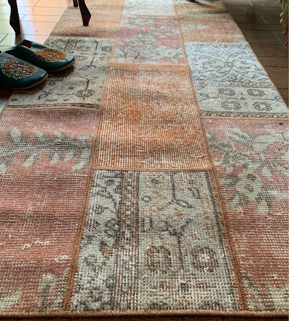 ササ　ペールオレンジ　ランナー　174×65 トルコヴィンテージラグ