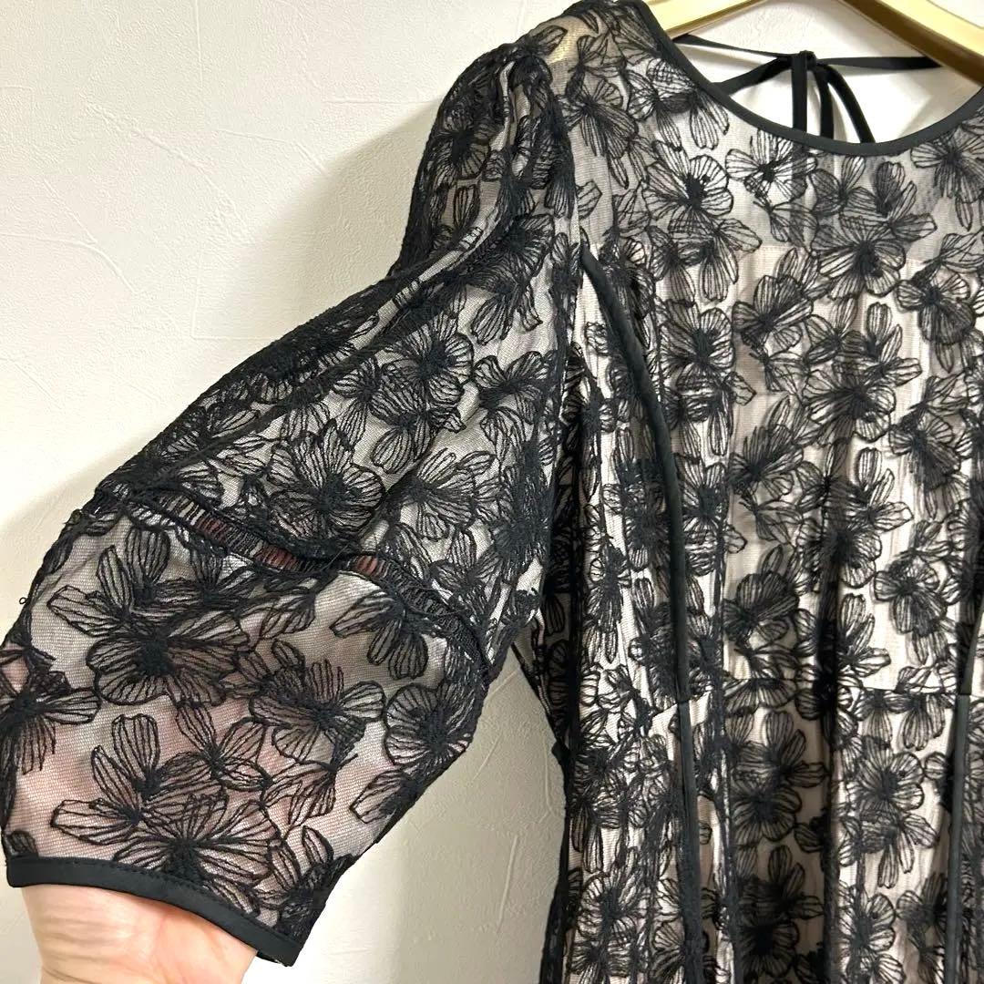 パフスリーブ総レースフレアロング結婚式ワンピース パーティードレスお呼ばれ二次会