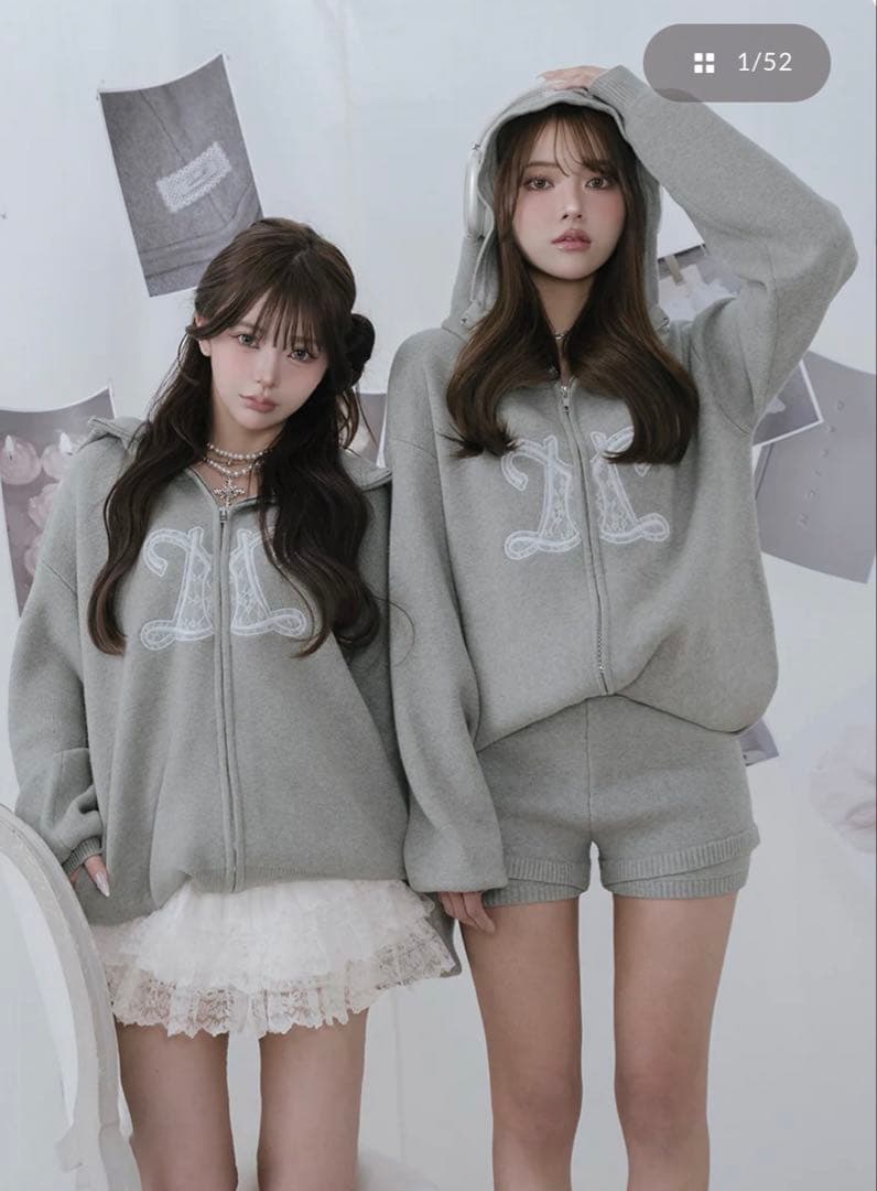 【ダーリッチ】インフィニティロゴパンツニットセットアップ パーカー　グレー