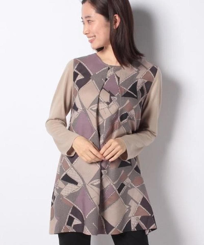 美品■レリアン■13号■プリント切替チュニックブラウス/シルク/イタリー生地