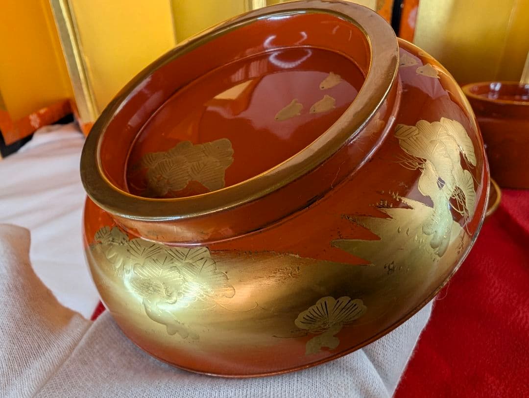 明治時代 輪島塗 金蒔絵 蓋付椀 波千鳥 2客 木製 汁椀 吸物椀 雑煮椀