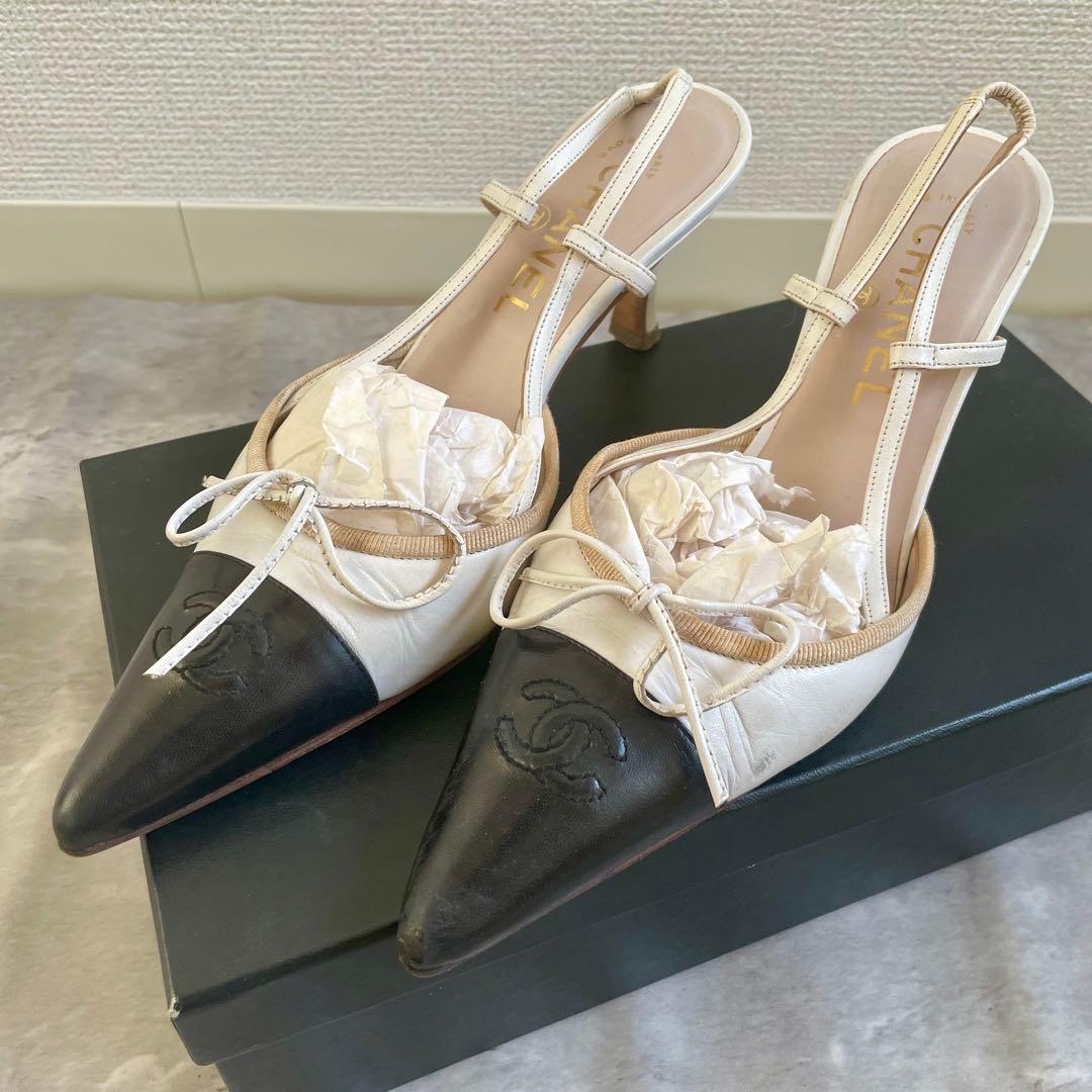 箱あり CHANEL ミュール リボン パンプス バックスリング ココマーク