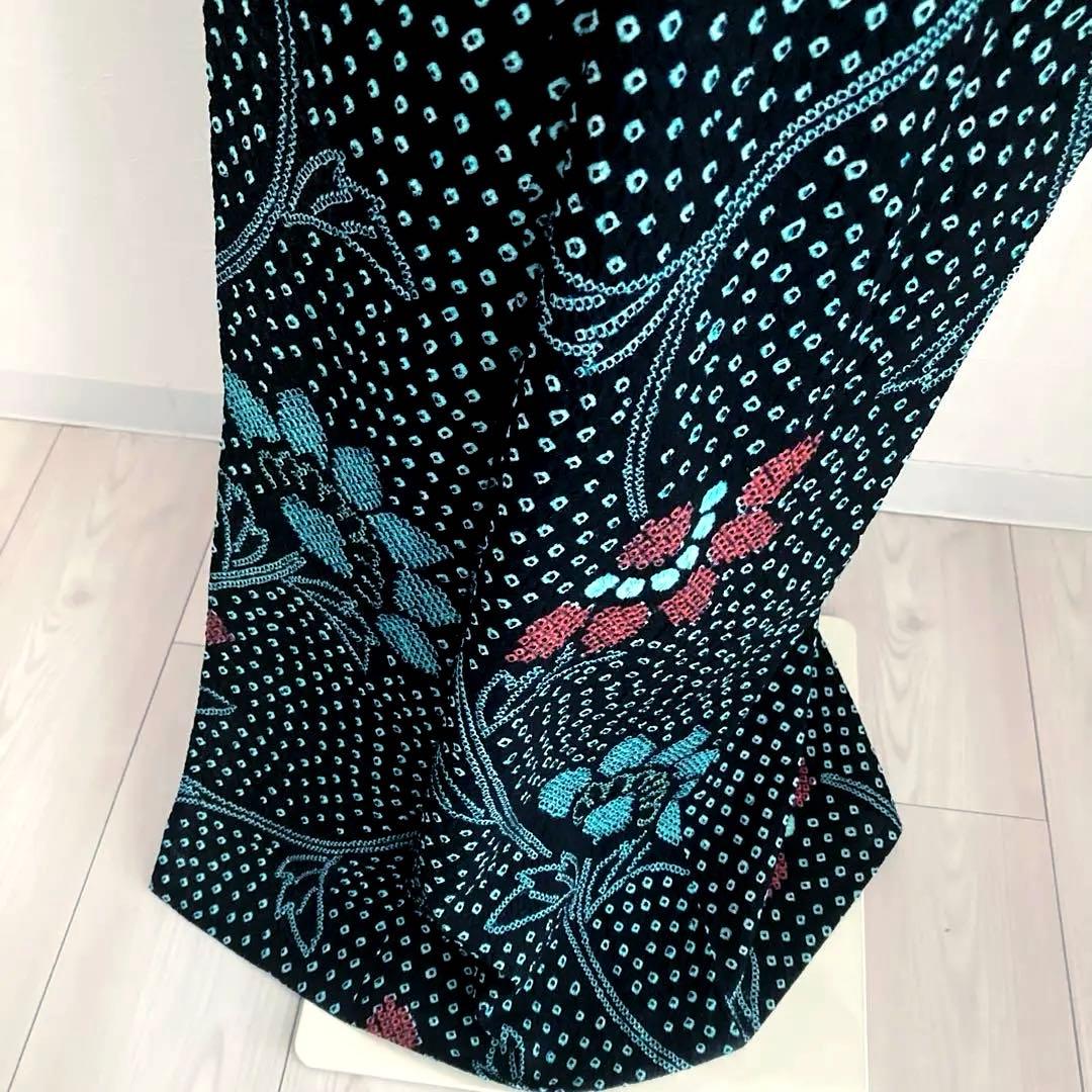 有松絞り　浴衣　手縫い上質浴衣　美品　黒・ターコイズNo.2-130