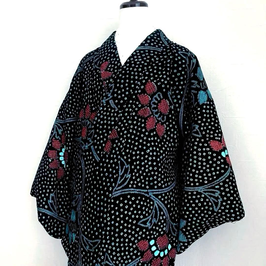 有松絞り　浴衣　手縫い上質浴衣　美品　黒・ターコイズNo.2-130