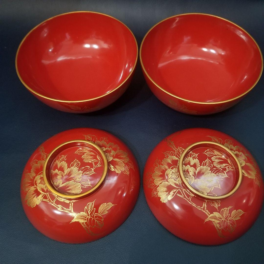 yuki 木製 吸物椀 朱塗 沈金牡丹花文 吸物椀 煮物椀 懐石椀 4客