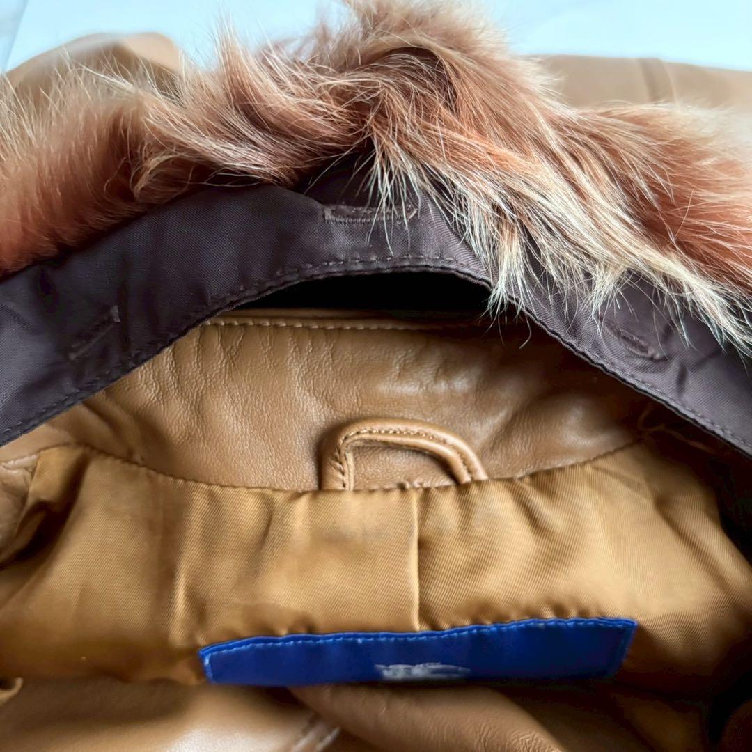 希少◆バーバリーブルーレーベル リアルファー 羊革 レザー コート キャメル M