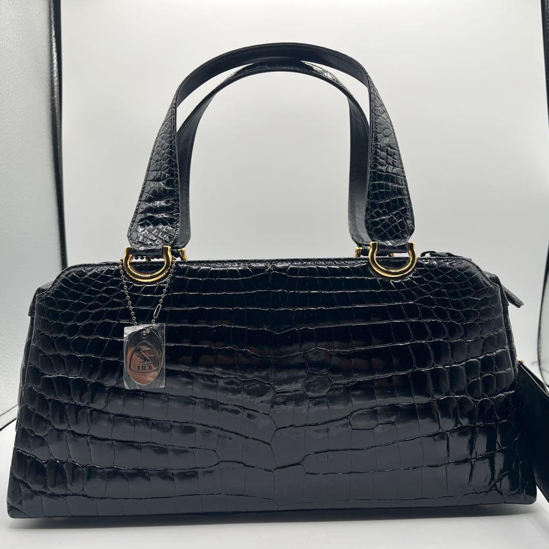 美品◎JRA認定 シャイニングクロコ ハンドバッグ センター取り 黒 明日香