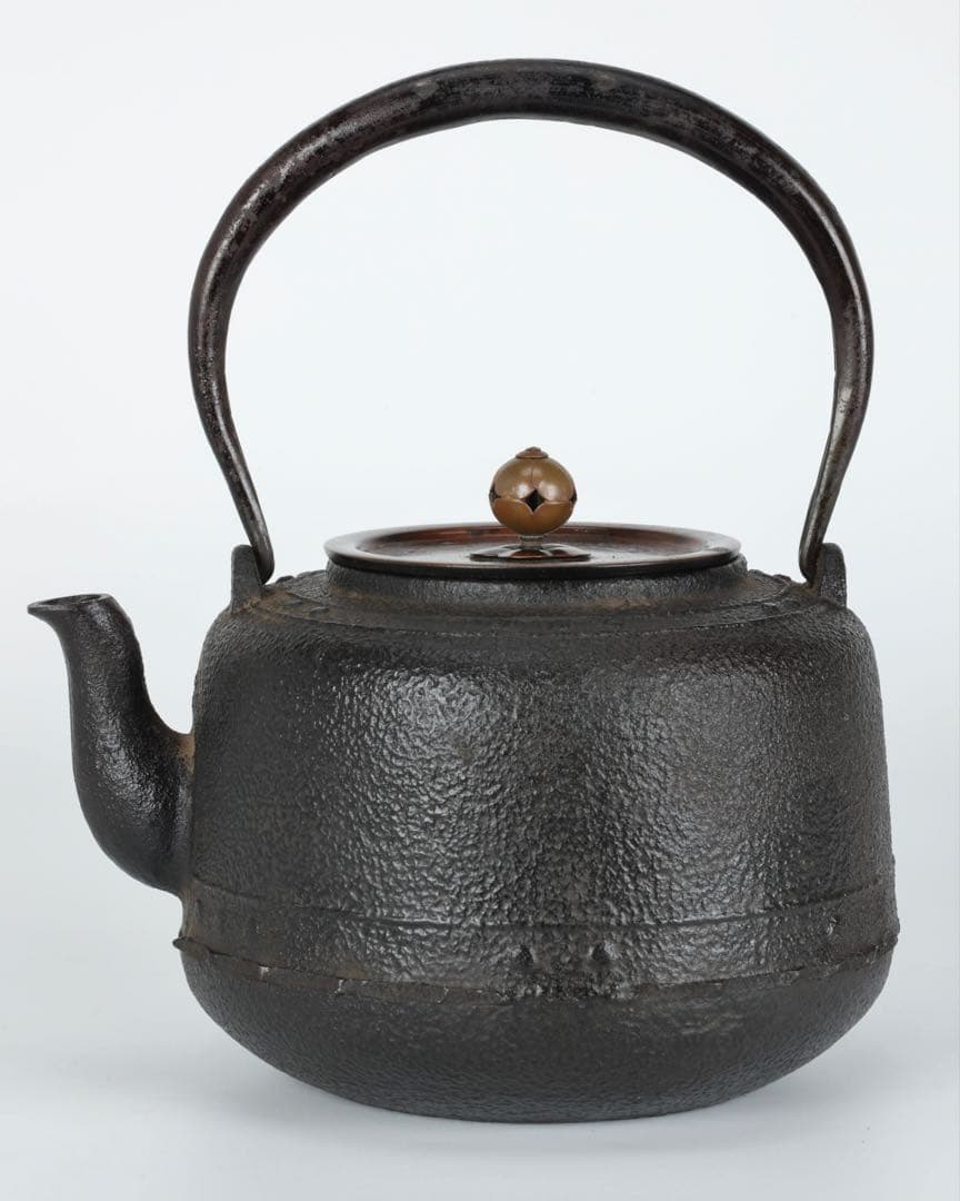 【時代鉄瓶】班柴銅蓋 累座紋 萬代屋形鉄瓶 茶道具 湯沸 古鉄瓶 古美術 骨董品