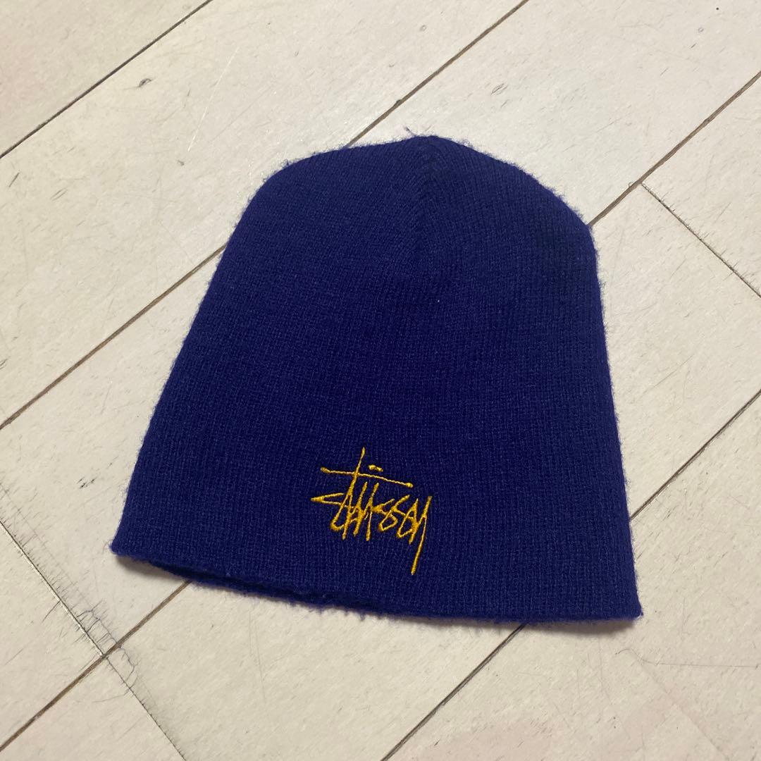 Stussy NYC刺繍 ネイビー ビーニー　90s stussy ニット帽