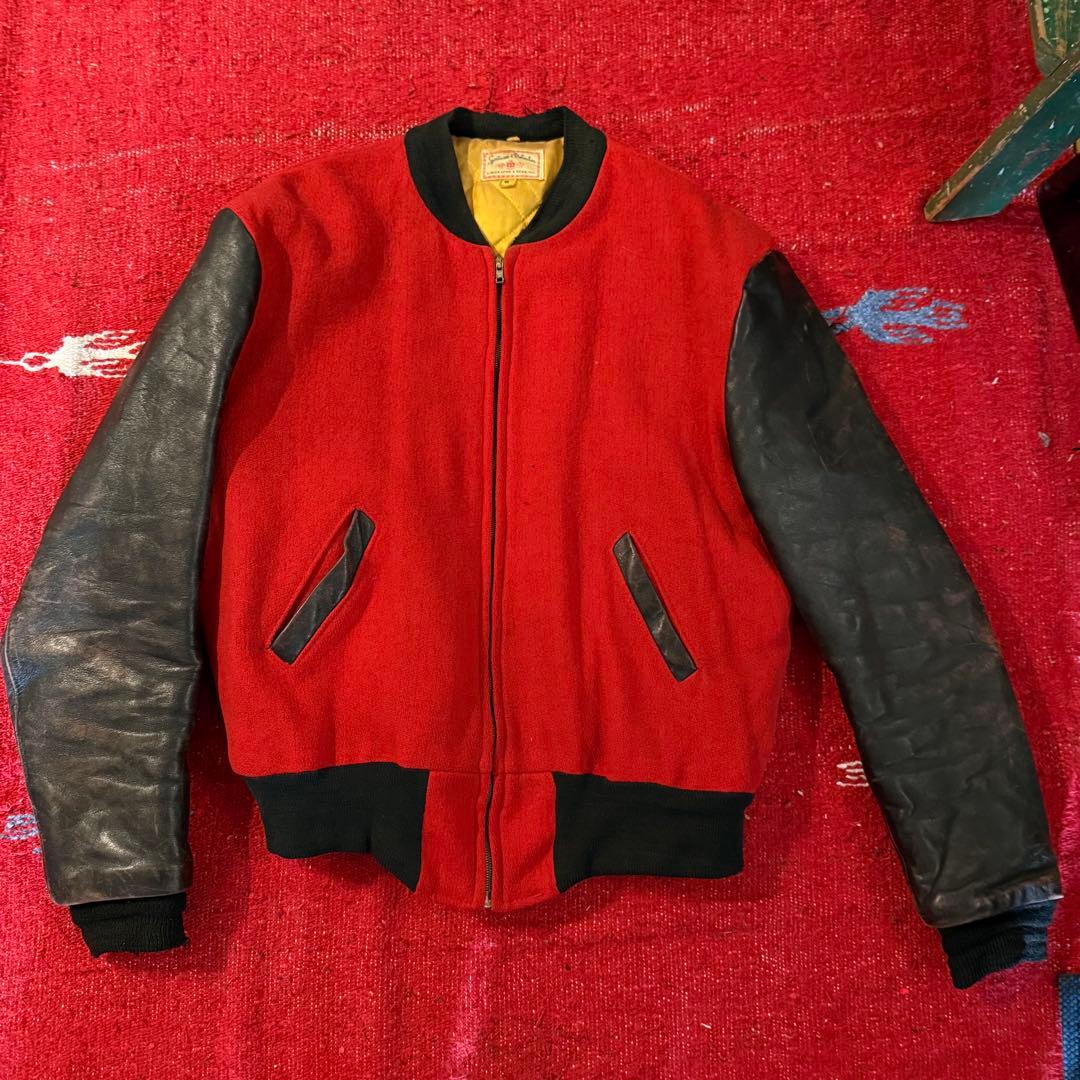 1950年代 ヴィンテージバーシティジャケット　赤黒 レザー袖 CROWN