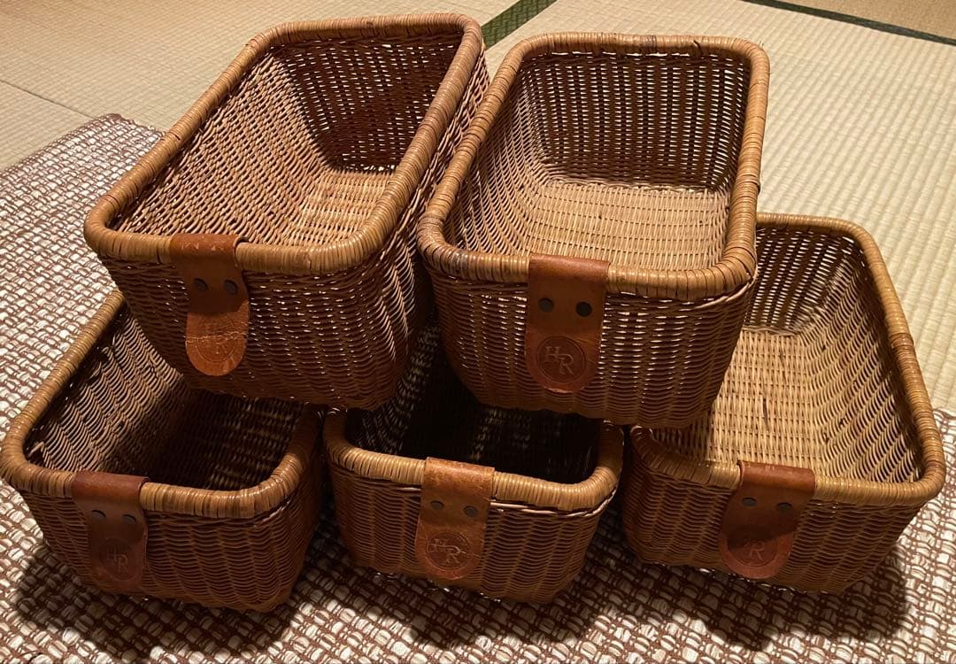 柿の種 ラタン製バスケット レザー付き　合計９点セット