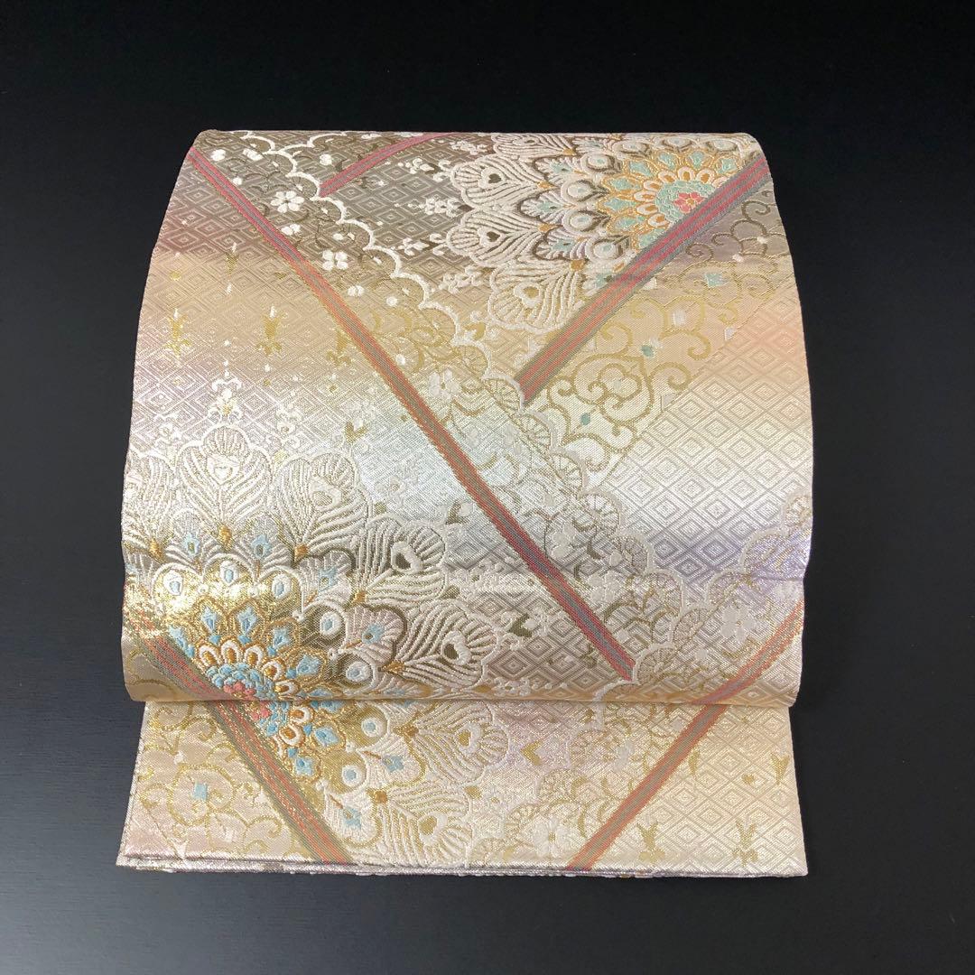 SO-754 袋帯 六通 正絹 華 菱 孔雀羽 幾何学模様 金銀糸 フォーマル