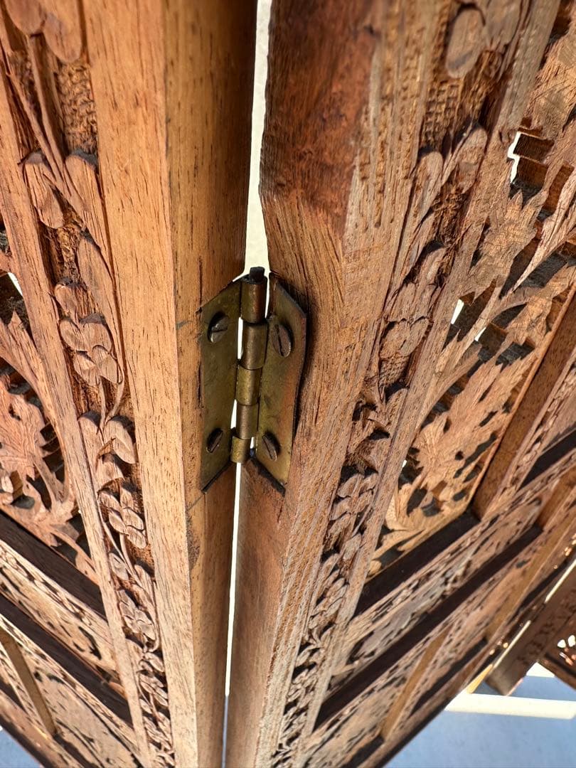 アジアン家具 4連パーテーション 透かし彫り 衝立 間仕切り 彫刻 木製 ウッド