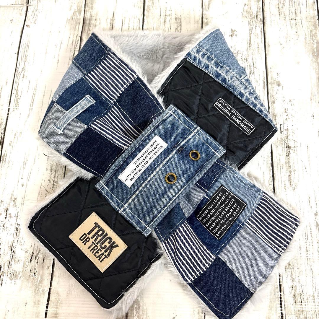 デニムリメイクマフラー　❤️ファー　パッチワーク　♥︎男前