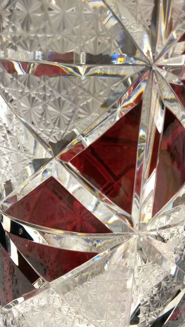 【 美品 】切子 菊繋ぎ クリスタル花瓶 銅赤