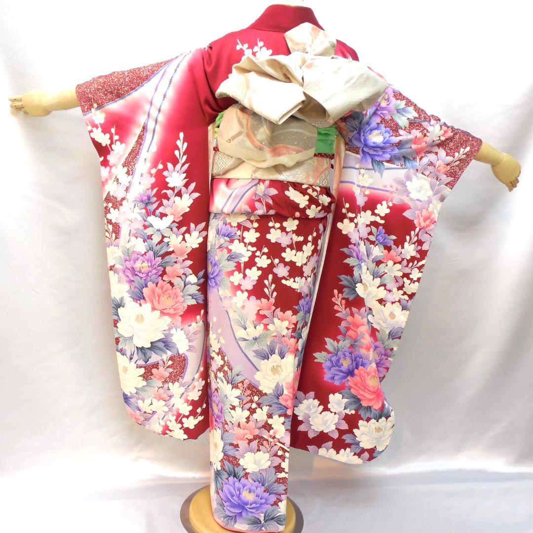 極美品★振袖フルセット　正絹　成人式　振袖　7点セット　Mサイズ　レッド系　花柄