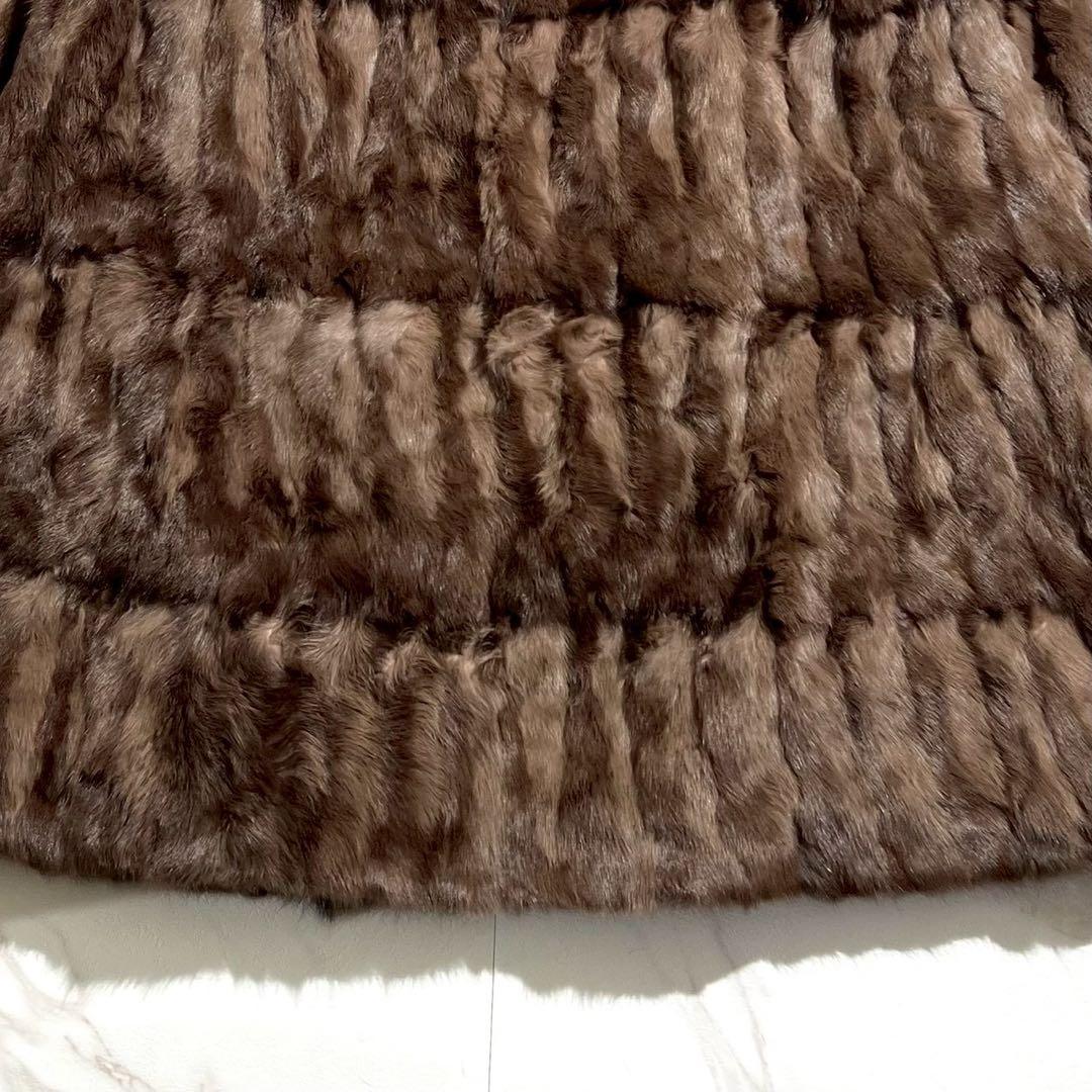 着丈約106cm✨ ロシアンリス ロングコート 本毛皮 デザイン入り ブラウン