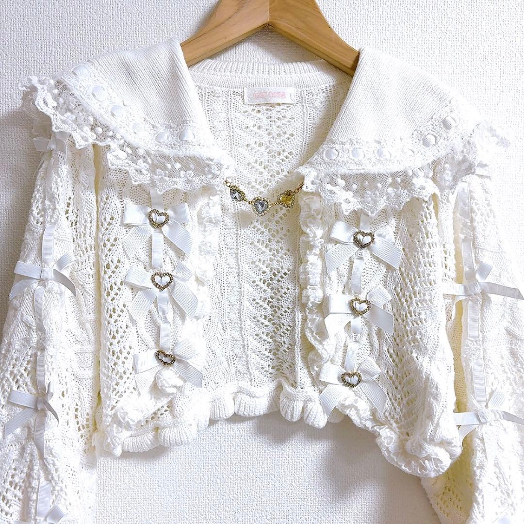 LIZLISA✨クロップド透かしセーラーカーディガン　ハート　リボン　ケーブル