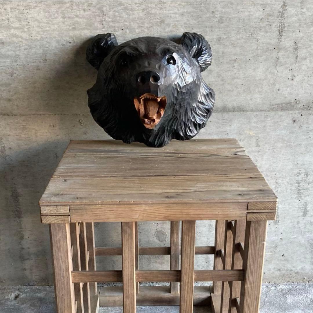 熊 ベア 壁掛け 置物 木製 木彫り 彫刻 顔 面 大型 動物 工芸品 レトロ