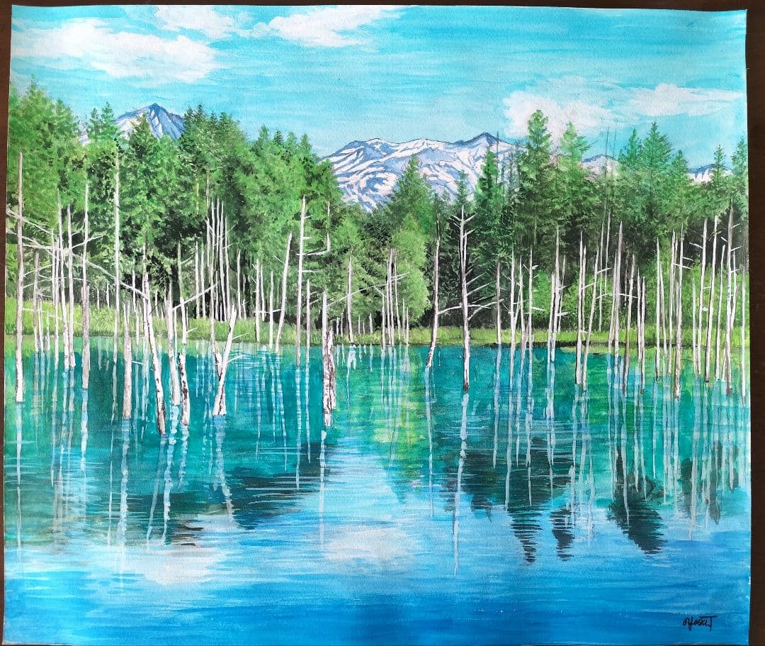 風景画 水彩画 青い池　サイズはF10号
