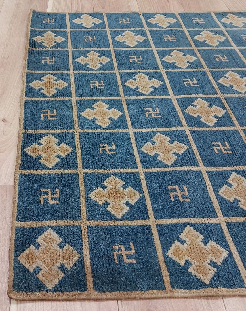 Y1128-2 幻の古緞通 赤穂緞通 卍格子文段通 絨毯 189×91㎝