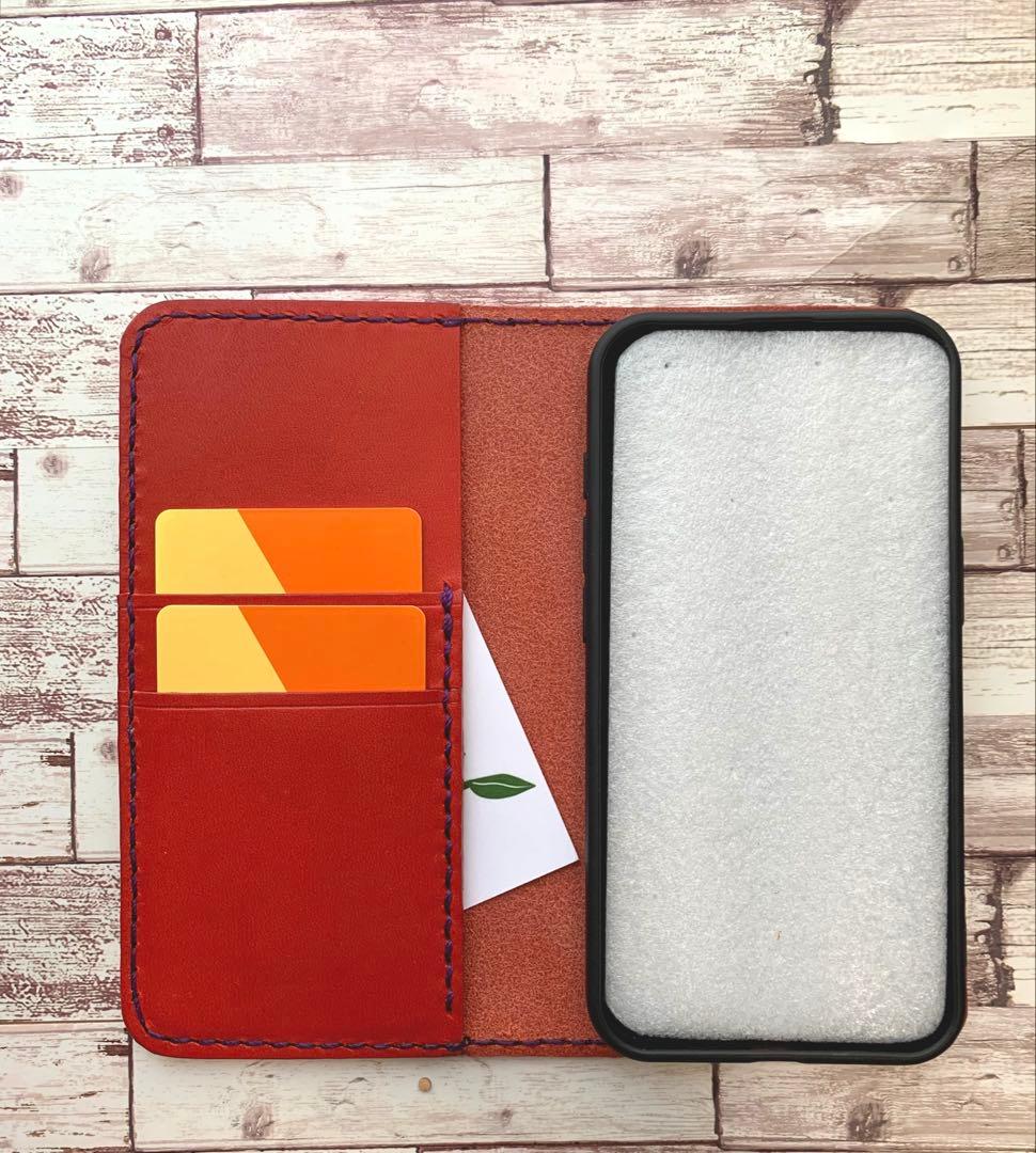 栃木レザー　レッド　iPhoneケース　2枚ポケット付き　手帳型　本革