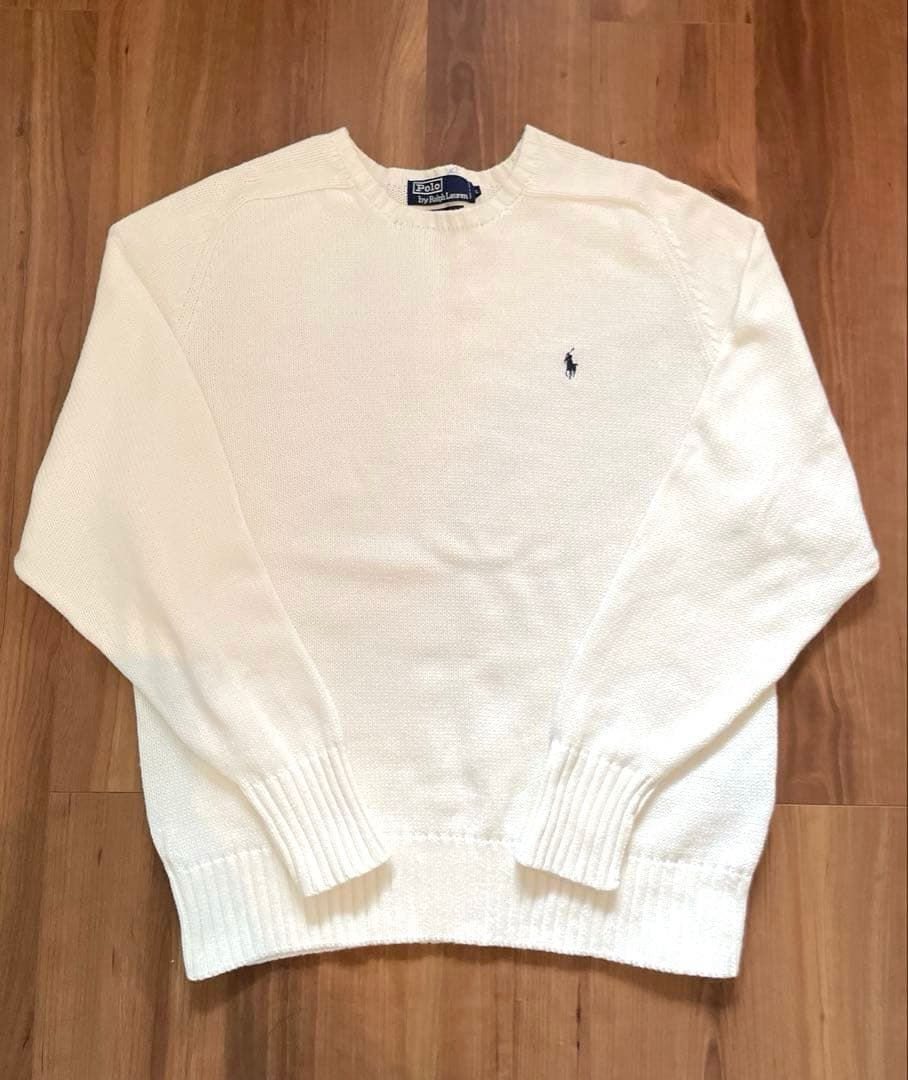 90sポロラルフローレン 刺繍ロゴ ホワイト コットンニット 正規代理タグ L