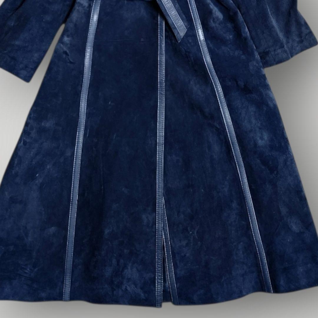 本革 スエード 112cmマキシ丈 ベルテッド ロングコート M ショールカラー