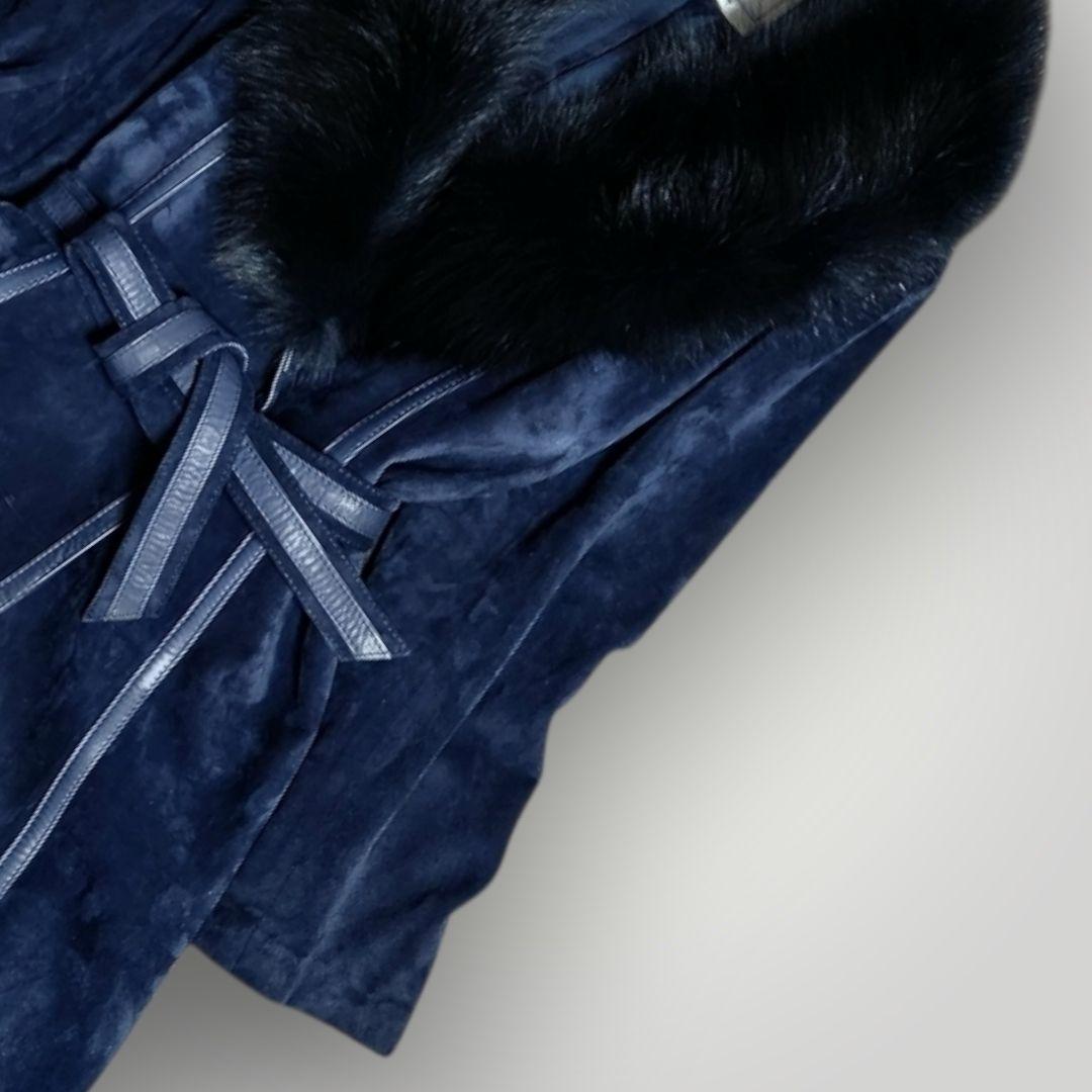 本革 スエード 112cmマキシ丈 ベルテッド ロングコート M ショールカラー