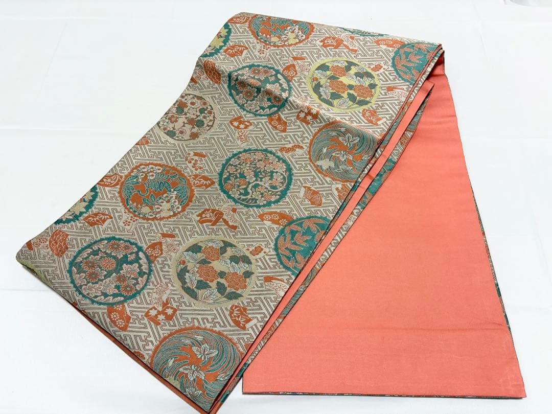 A 山喜織物謹製 萬葉 花々模様 グレー 正絹 全通 袋帯 O49