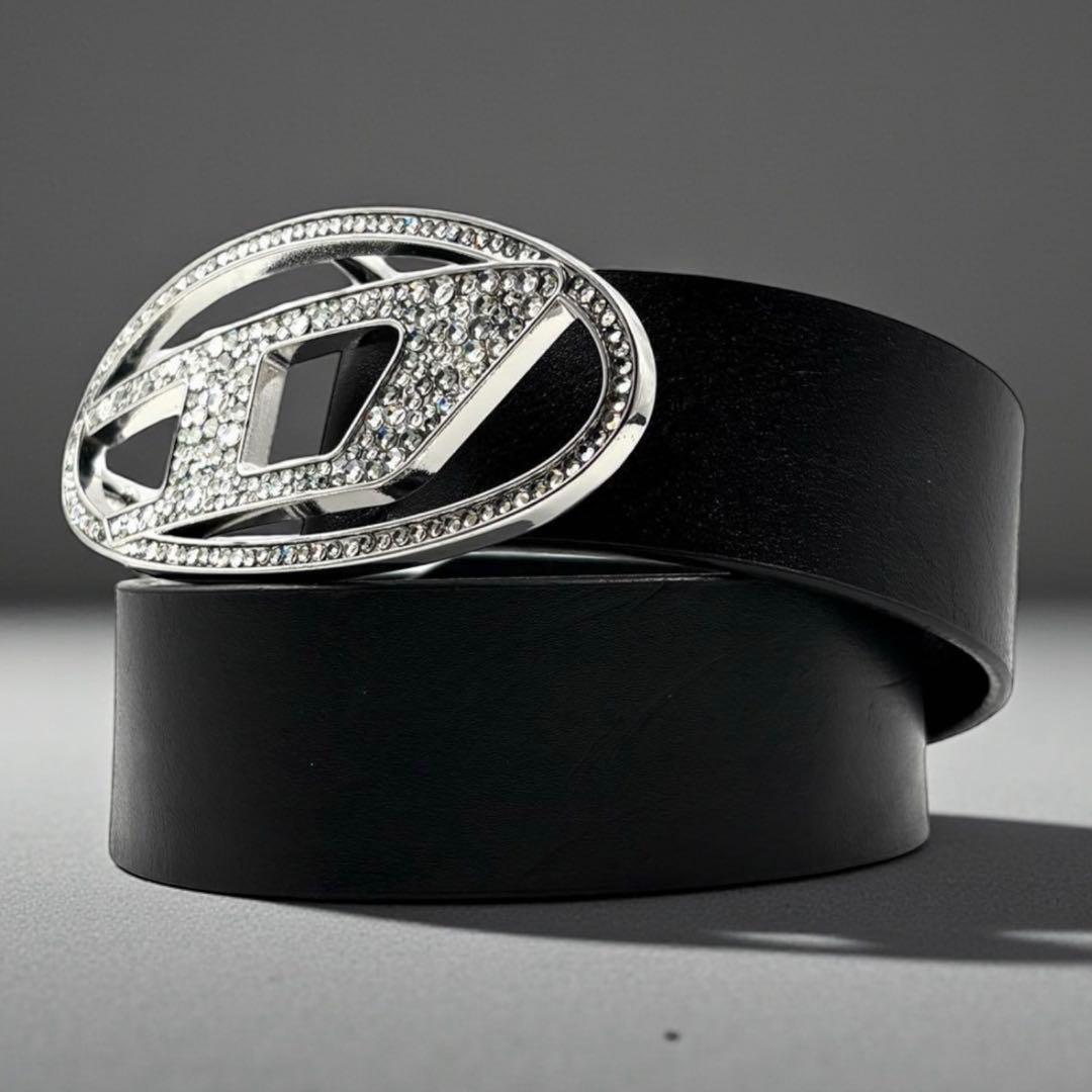 【美品】 ディーゼル B-1DR Strass ベルト ライトストーン ブラック