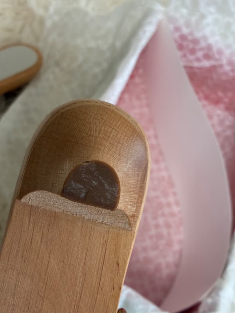 稀少　未使用品　ヴィンテージ　コーチシャロンブルー＆ブラウンレザー木製下駄