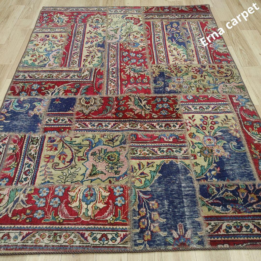 ペルシャ絨毯 パッチワーク アンティーク 206x146手織り クリーニング済み