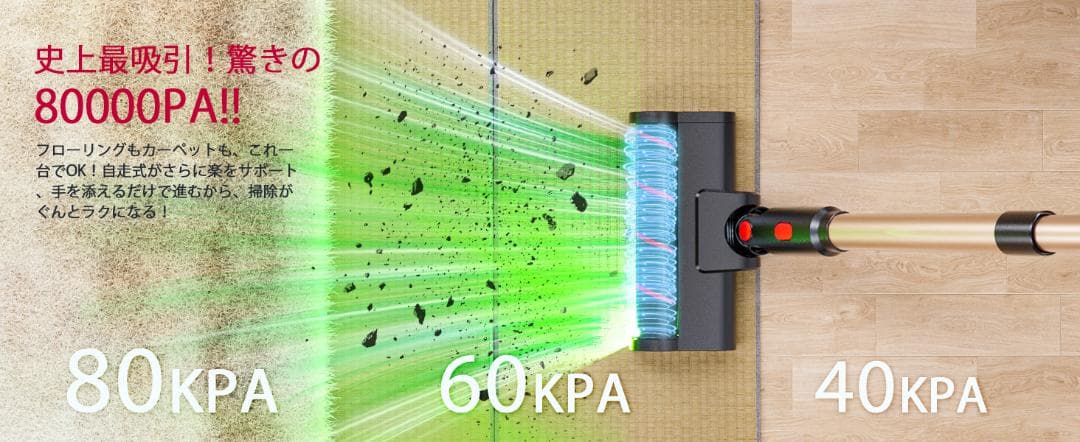 掃除機 コードレス 80Kpa超強力吸引 独立モーター自走式 AI吸引力自動制御