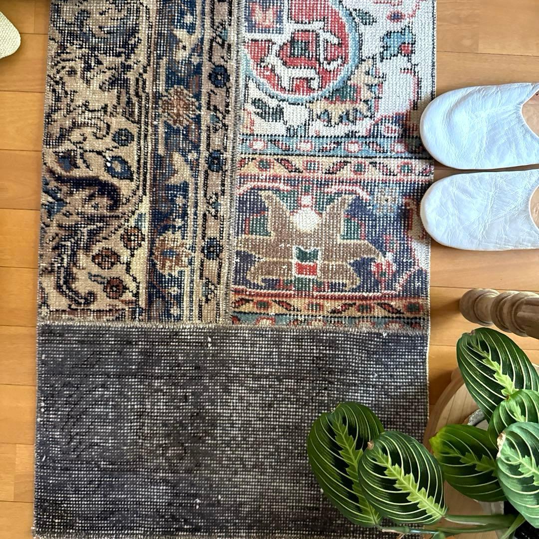 49×100 グレイ×ボタニカル　大人パッチワーク　トルコヴィンテージラグ