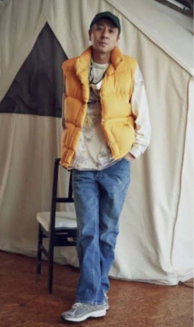 美品 70s 茶タグ ノースフェイス ダウンベスト イエロー 黄色 L 藤原着