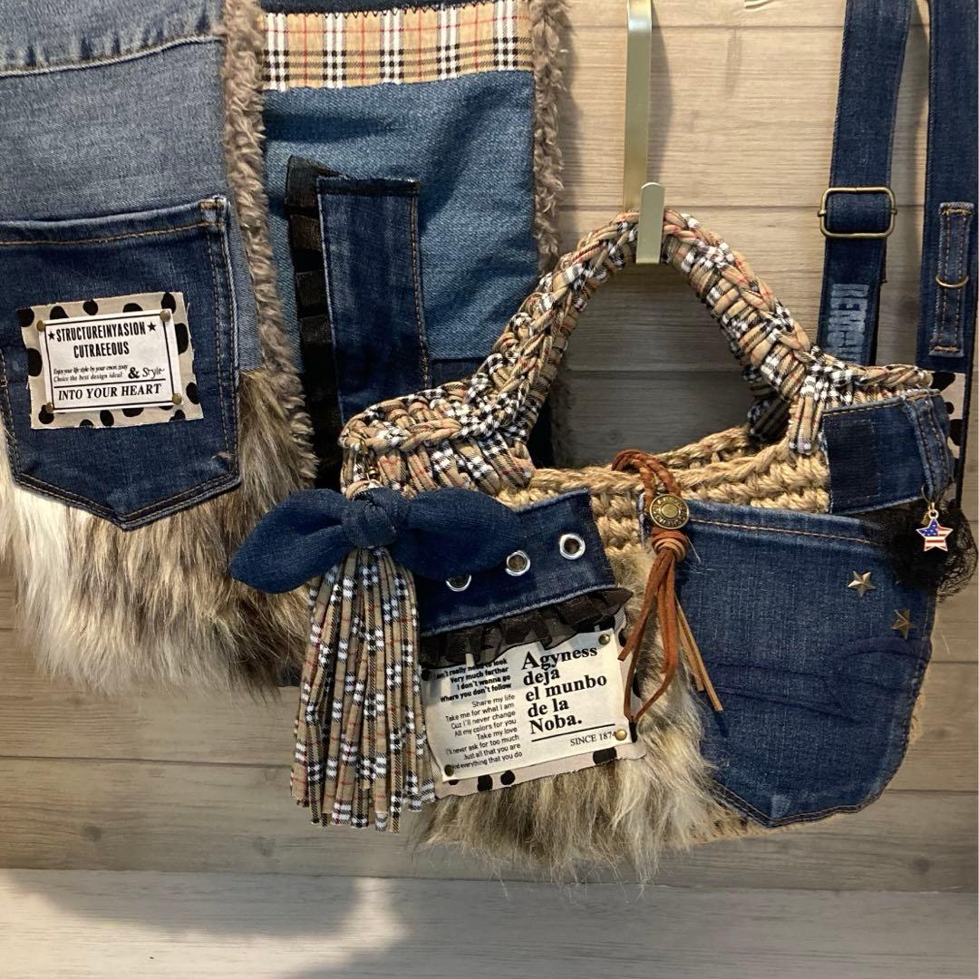 ハンドメイドバッグ デニムリメイクバッグ リメイクマフラー Hiroko