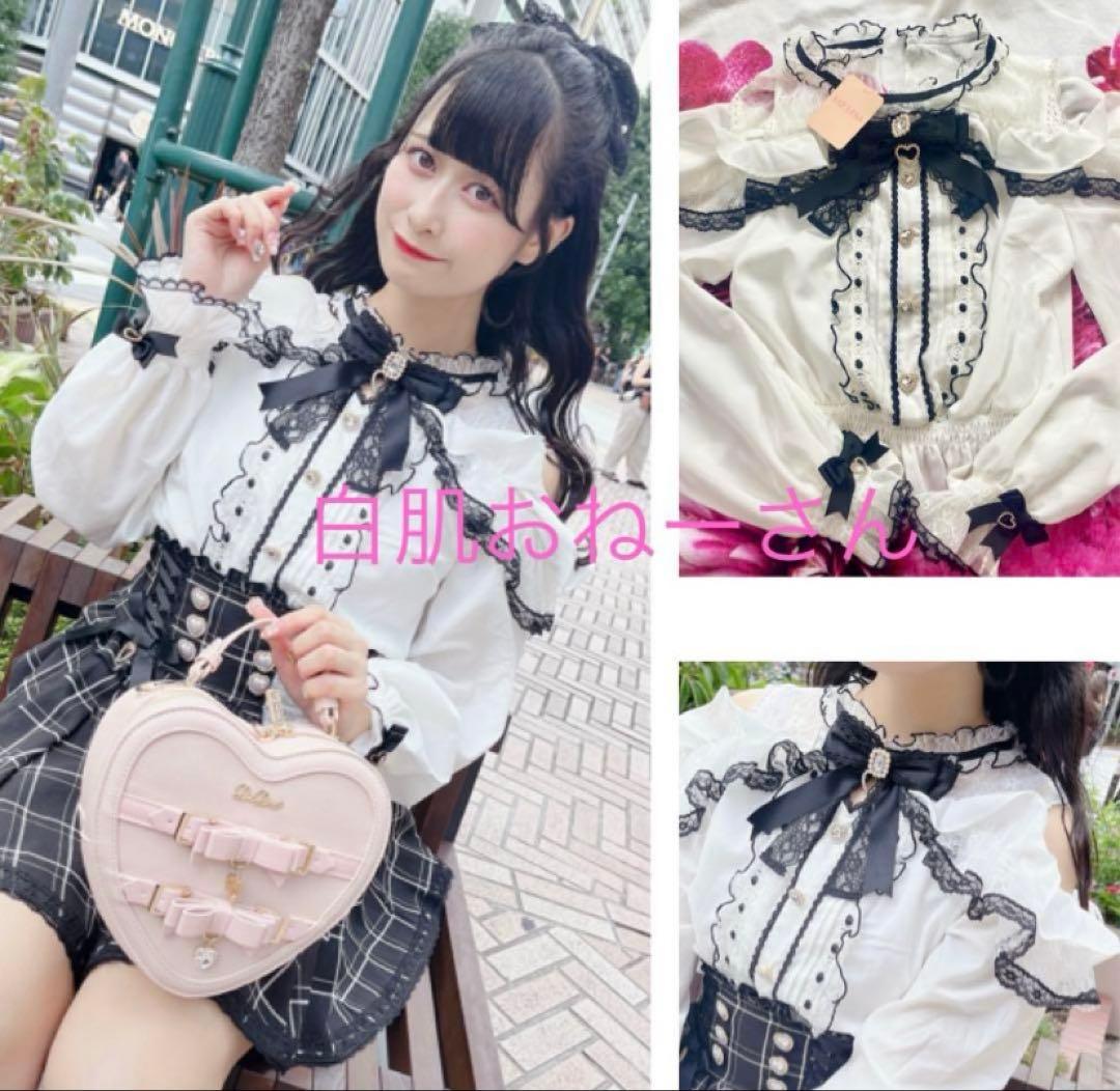 LIZLISA♡オープンショルダーフリルレースブラウス♡ホワイト×ブラック