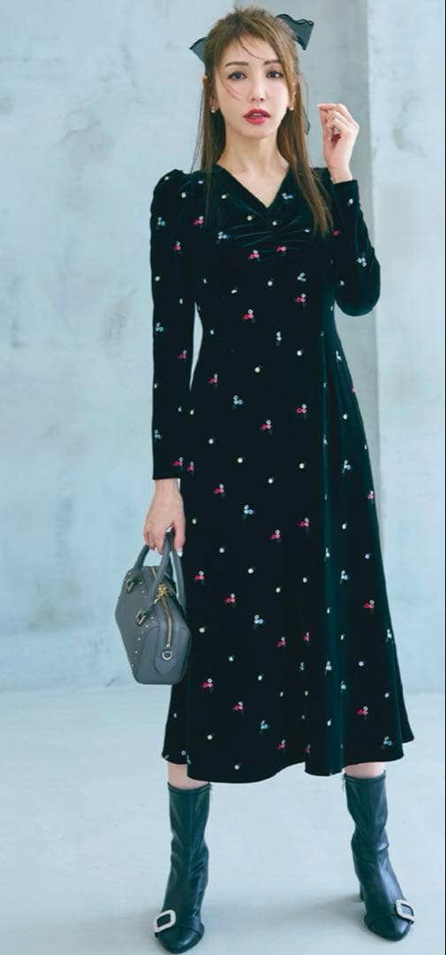 CELFORD セルフォード ベロア総刺繍ワンピース 36 ブラック