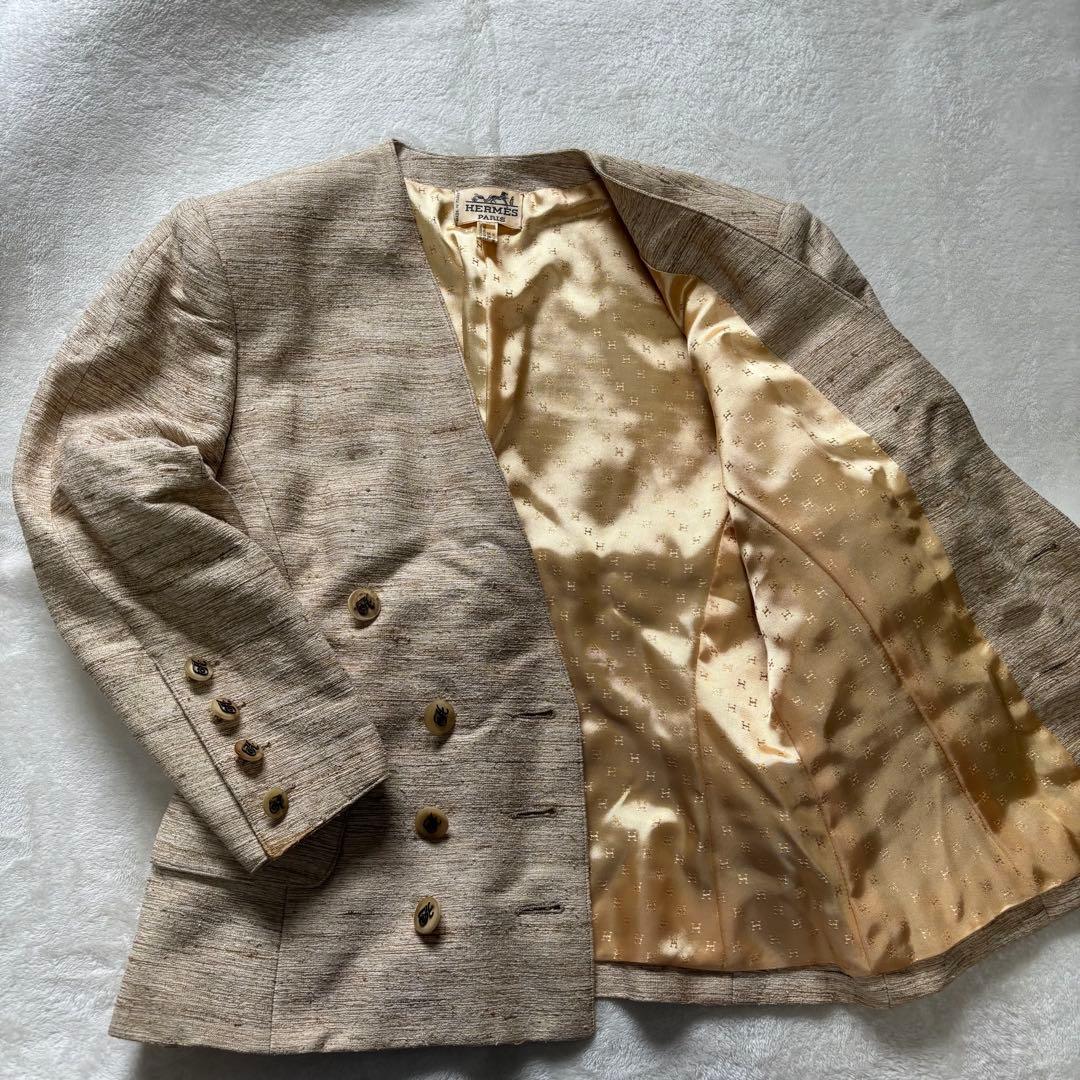 HERMES ジャケット 42 裏地 総柄 ゴールド ロゴ ボタン ブレザー