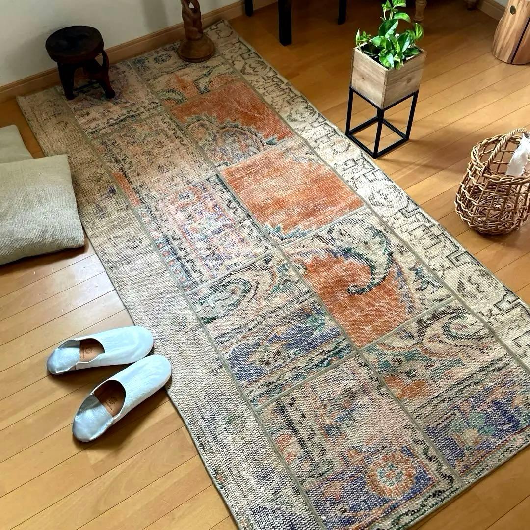 91×191優しいオレンジカラー　パッチワーク　トルコヴィンテージラグ